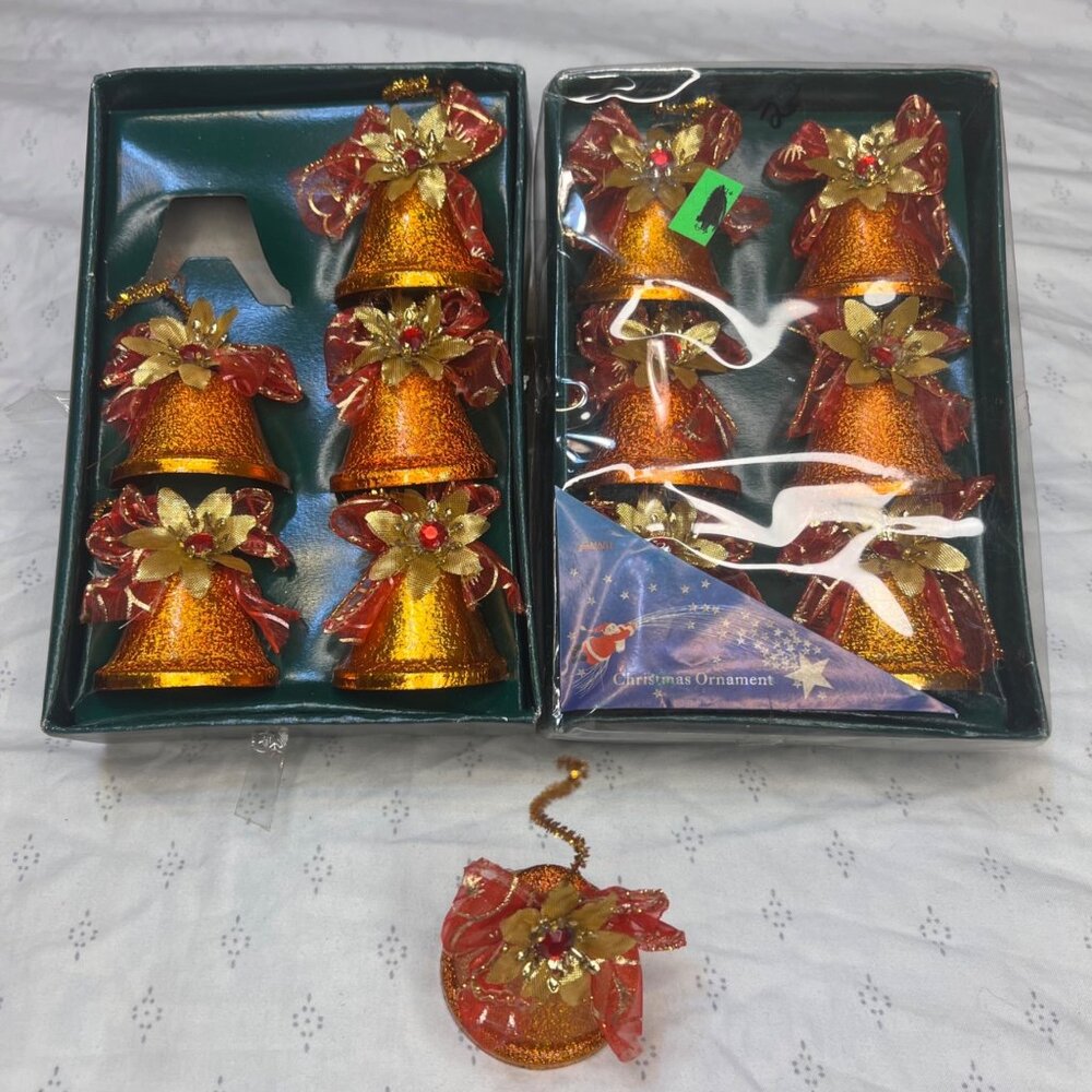 Set Of 12 Glittering Orange Bell Christmas Ornaments W Red & Gold Embellishments